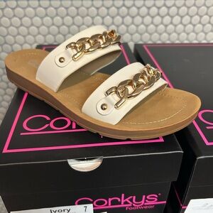 Corkys Ivory Slide Sandals with Gold Chain Accent